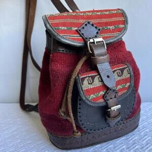 Vintage Handmade Tapestry and Genuine Leather Small Backpack Red Brown 80s Boho